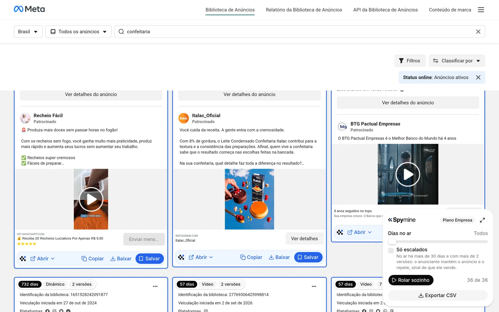 A extensão ad spy do Spymine na Biblioteca de Anúncios: a janela no canto, a borda azul e o selo com os dias no ar em cada anúncio, e os botões de abrir, copiar, baixar e salvar