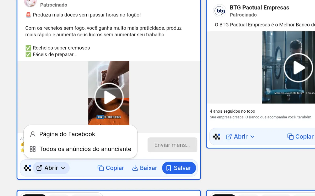 Um anúncio da Biblioteca de Anúncios com a faixa de botões da extensão ad spy do Spymine e o menu do "Abrir" aberto