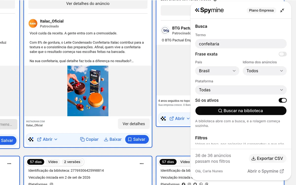 A busca da extensão ad spy do Spymine, dentro da Biblioteca de Anúncios: o termo, a frase exata, o país, o idioma, a plataforma e o botão de buscar