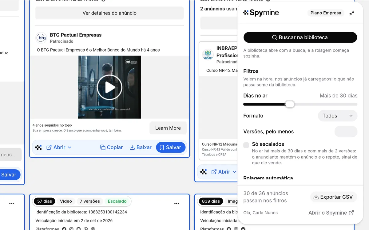 Os filtros da extensão ad spy do Spymine: os dias no ar em "Mais de 30 dias", o formato, as versões e o "Só escalados"