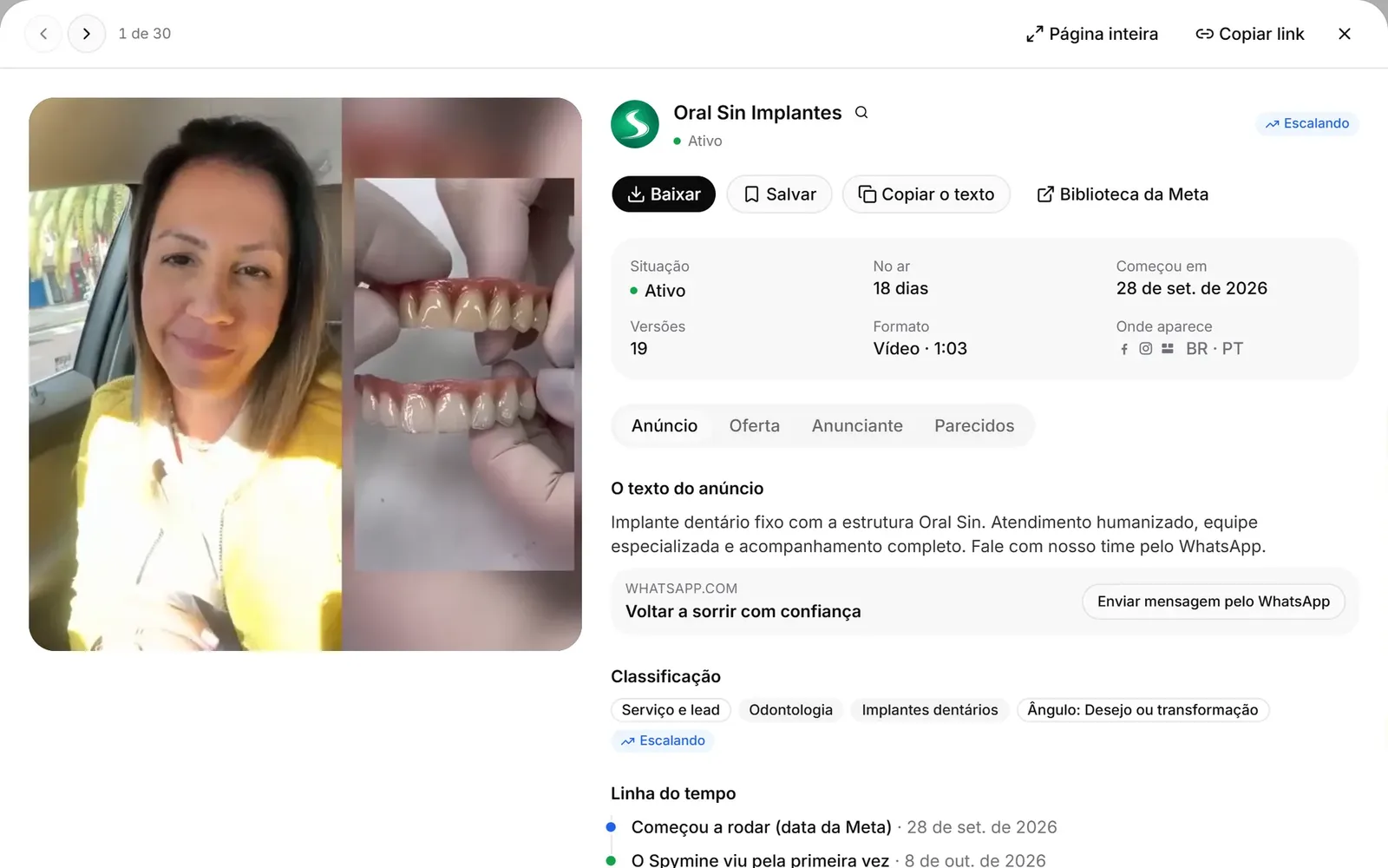 Um anúncio aberto no Spymine, com o botão Baixar, as versões e a linha do tempo