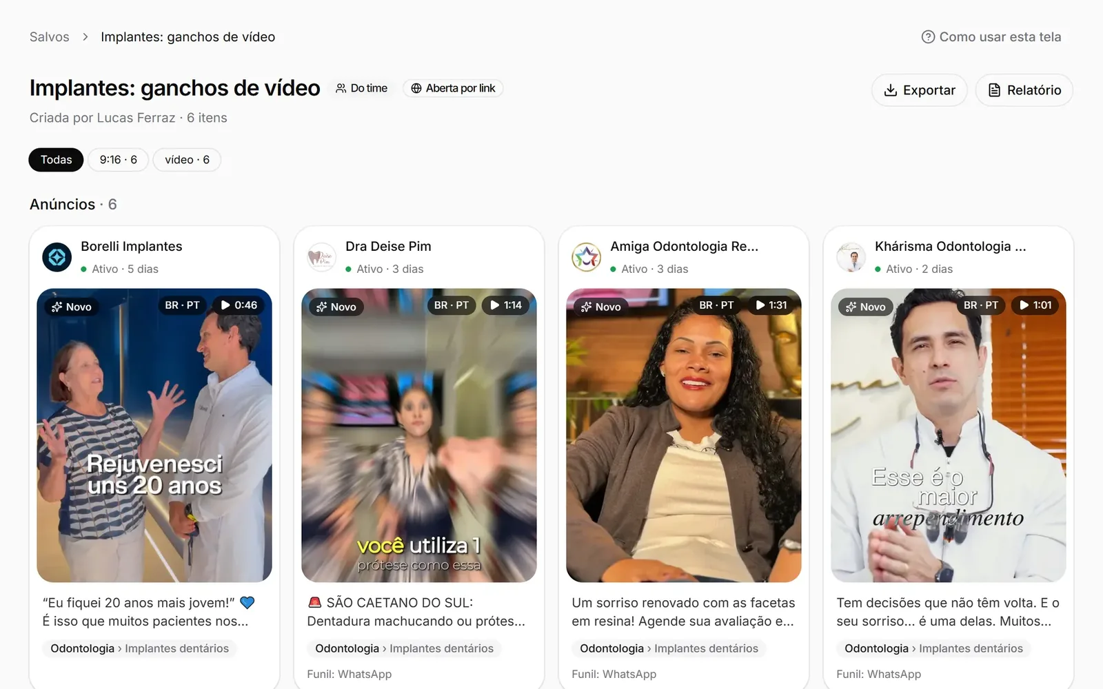 Uma coleção do time no Spymine, aberta por link, com os vídeos de clínicas de implante