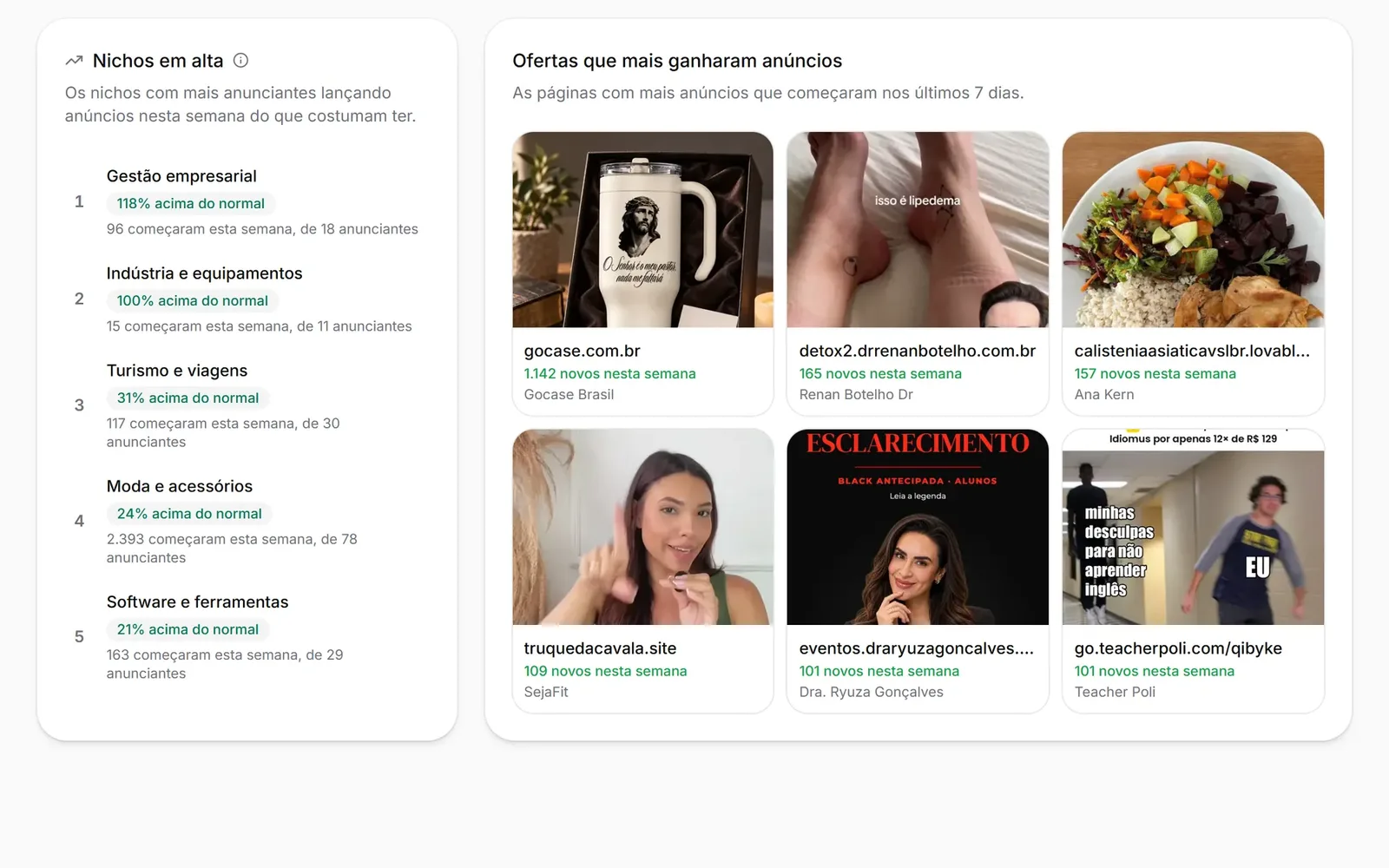 O Início do Spymine, com os nichos em alta e as ofertas que mais ganharam anúncios