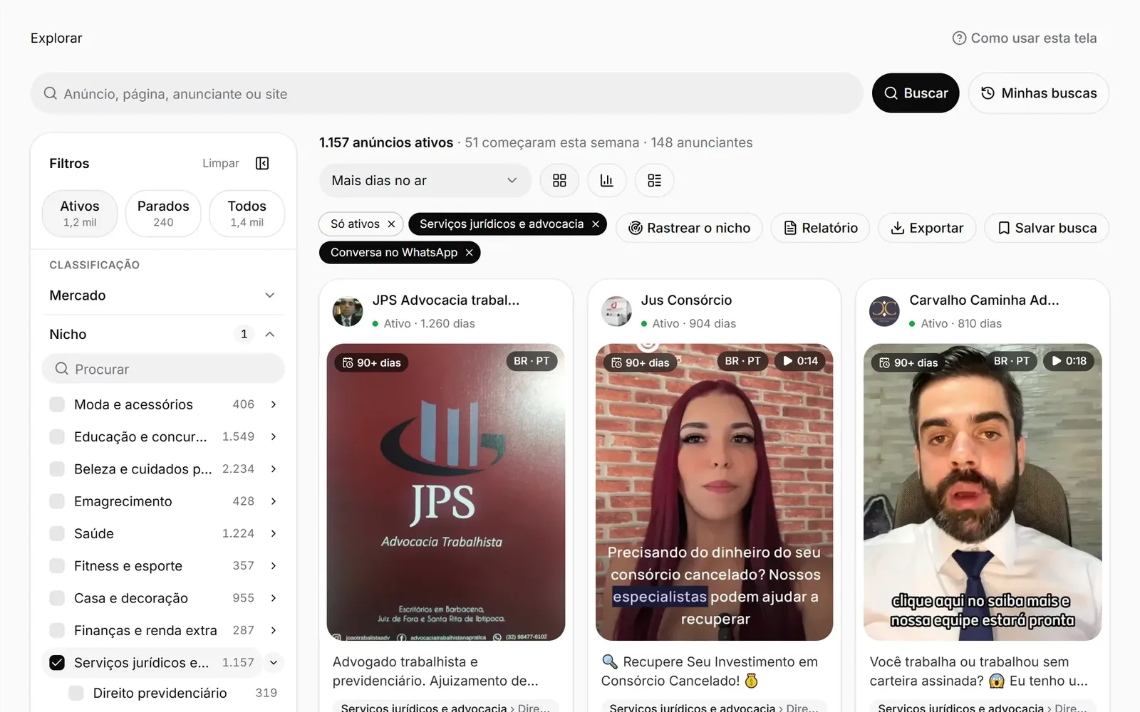 A busca do Spymine com o nicho de serviços jurídicos e advocacia e o filtro Conversa no WhatsApp