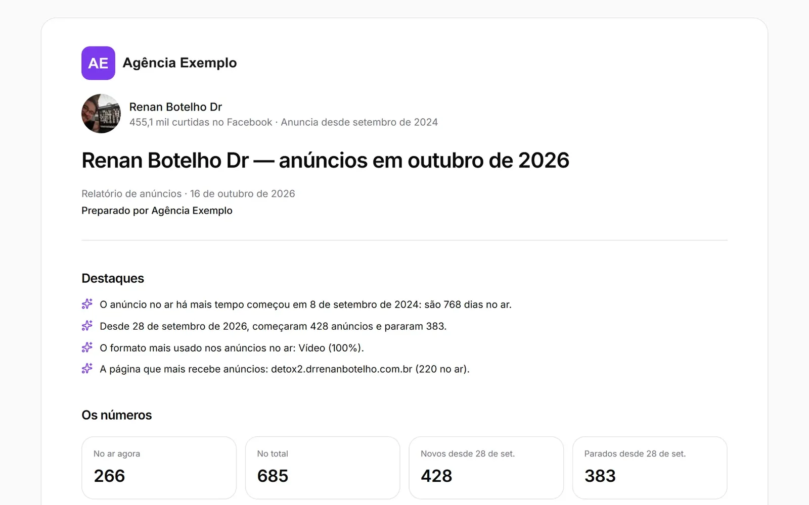 Um relatório do Spymine com a marca da Agência Exemplo: os destaques e os números de um concorrente