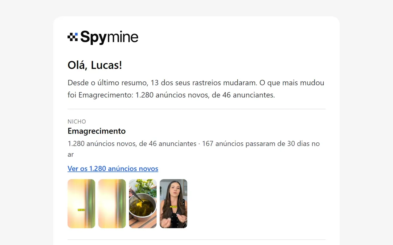 O resumo por e-mail do Spymine: o que mudou em cada rastreio, com as miniaturas dos anúncios novos