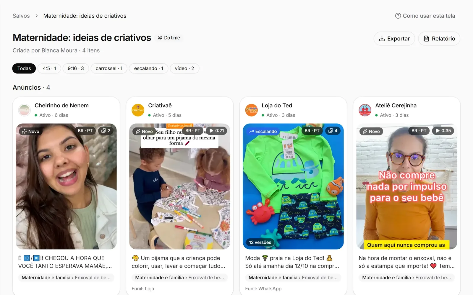 Uma coleção de ideias de criativos no Spymine, com as etiquetas do formato
