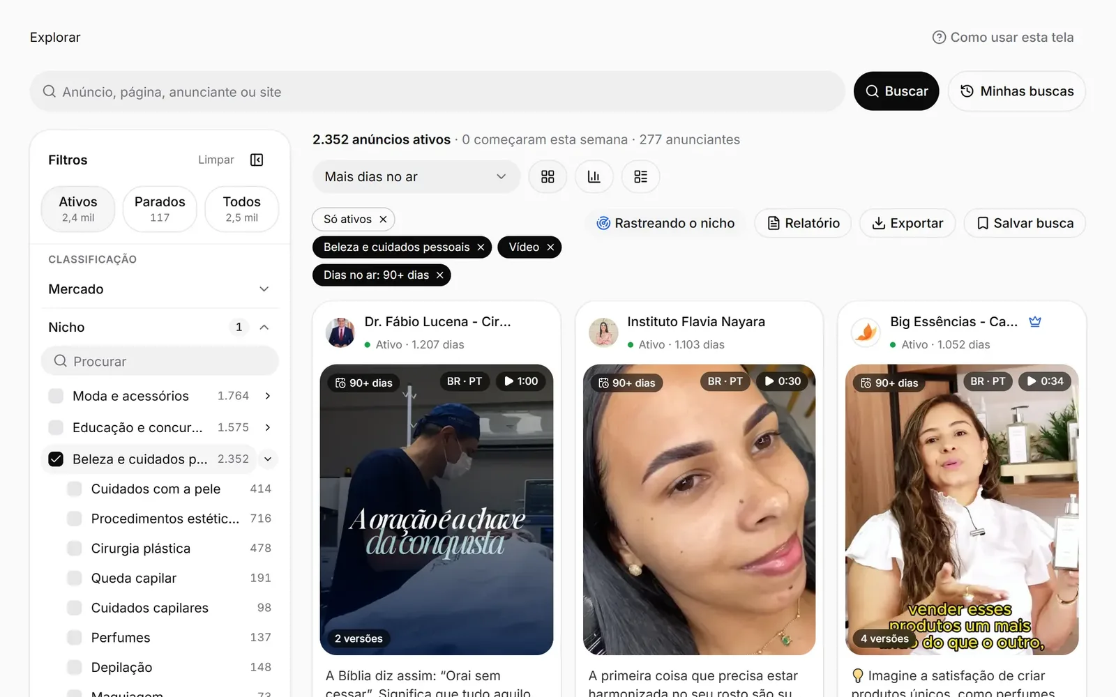 A busca do Spymine com o filtro de 90 dias ou mais no ar, e o selo “90+ dias” nos cartões